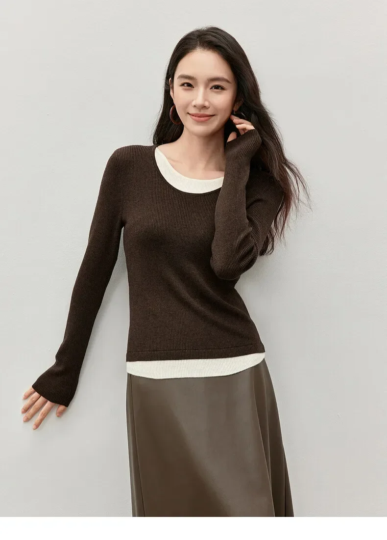 SENTUBILA Autumn Winter Spliced Wool Pullovers 2024 Patchwork Knittted Slim 2 in 1 Jumper 2024 New Women Clothing W43H57553