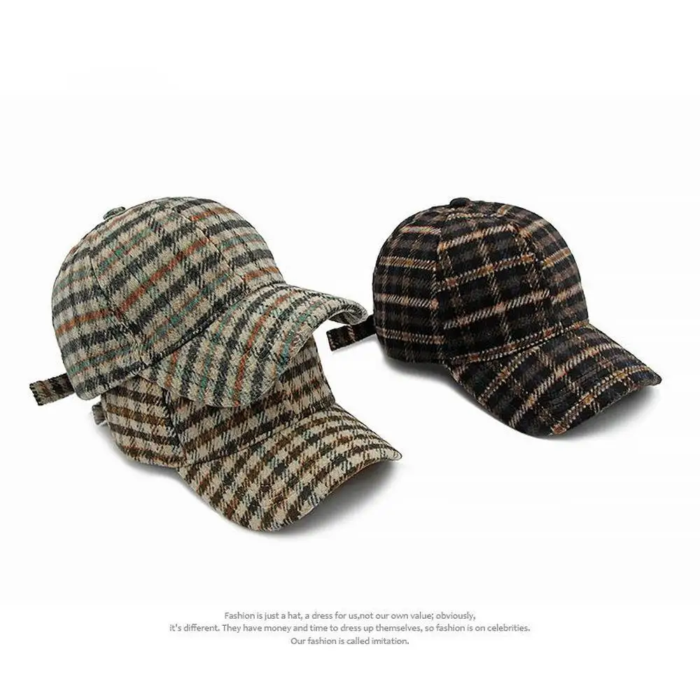 Autumn Winter Unisex Plaid Baseball Cap With Woolen Material 55-60cm Adjustable Casual Versatile Hats For Women And Men BQ0625