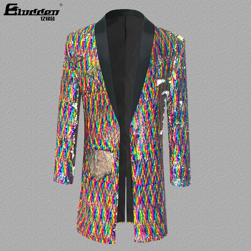 

2026 men's colorful sequined dress, singer's personality stage trend performance medium and long blazer