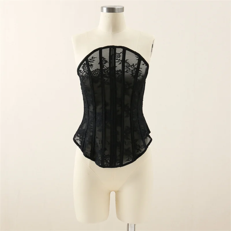 

Women's vest Summer 2025 new lace embroidery hollow sleeveless top fishbone slim fit women's corset Sexy backless crop top y2k