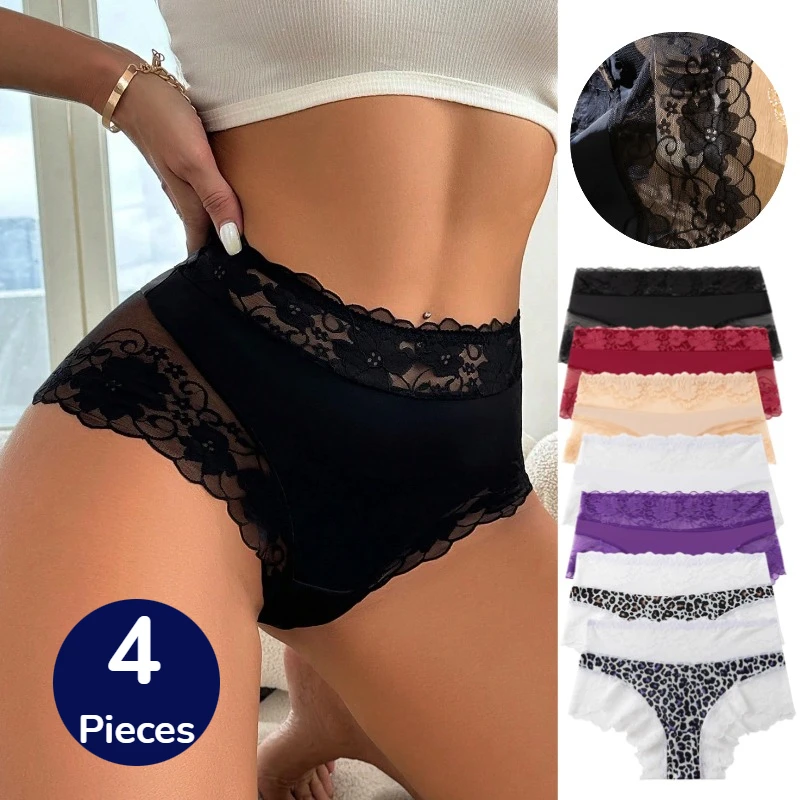 WarmSteps 4 Stück Damenslips mit Blumenspitze, Modische Leoparden-Dessous, Sexy Unterwäsche, Atmungsaktive Komfortable Slips, Bestseller