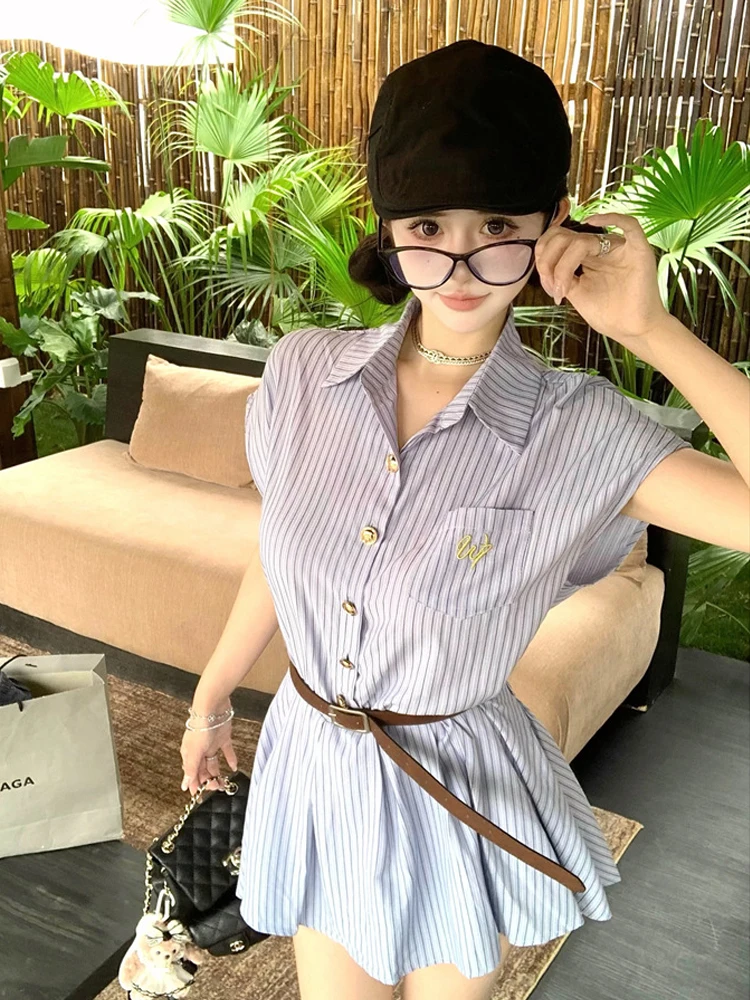 Roupas femininas casual doce solto mini camisa vestido senhora bonito coreano cinto balanço vestido plissado feminino rua diário wear vestido femme