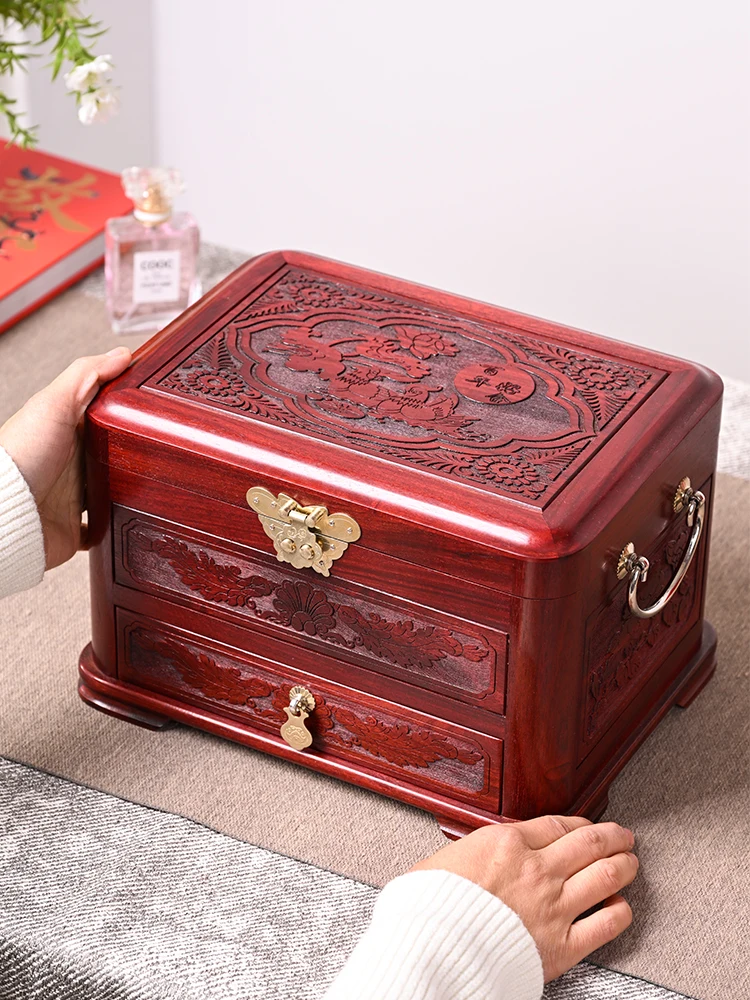 Solid Wood High-End Jewelry Box Red Sandalwood Vintage Gold Jewelry Ring Exquisite Rosewood Storage Box Wedding Gift