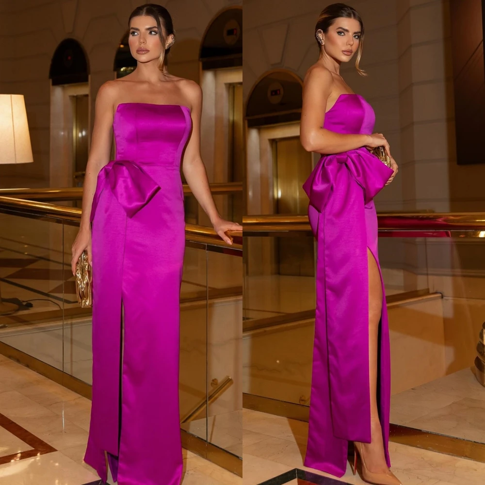 

Customized Elegant Satin Strapless Evening Dress Classic Straight Prom Dresses Exquisite Bow Side Slit Special Occasion Gowns
