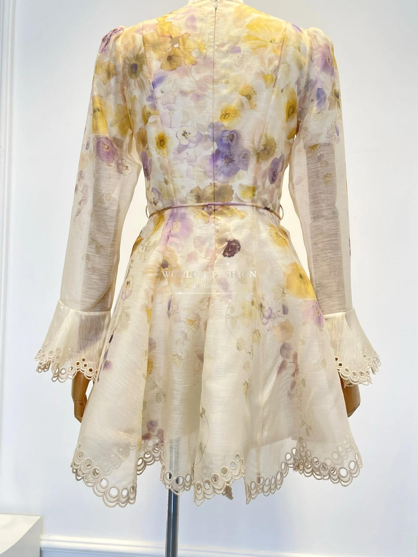 Elegant Woman Clothes New Beige Violet Floral Print Embroidery Long Sleeve V Neck Scallop Midi Dress