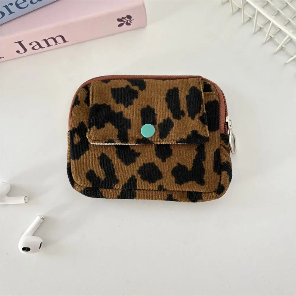 Leopard Print Corduroy Printed Storage Bag Bow Polka Dot Earphone Bag Korean Style Cute Small Cosmetic Bag Travel