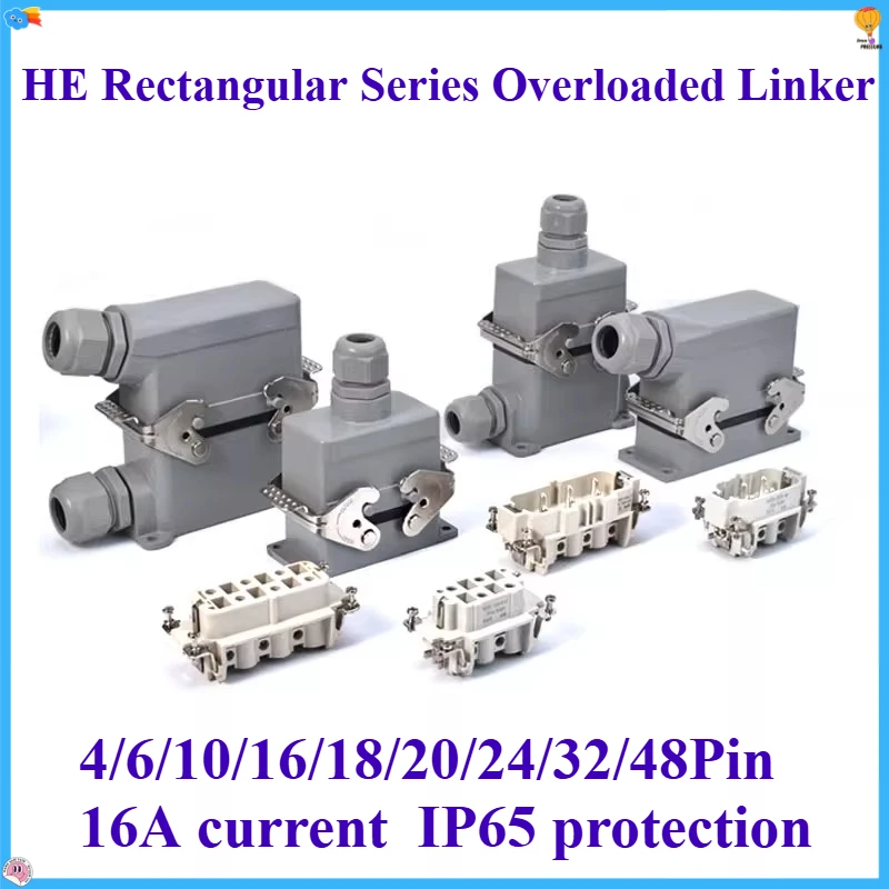1PCS Rectangular Heavy Duty Connector HDC-HE4 6 16 20 24 32 48 Core Pin 16A Waterproof Aviation Plug Top And Side Line Connector