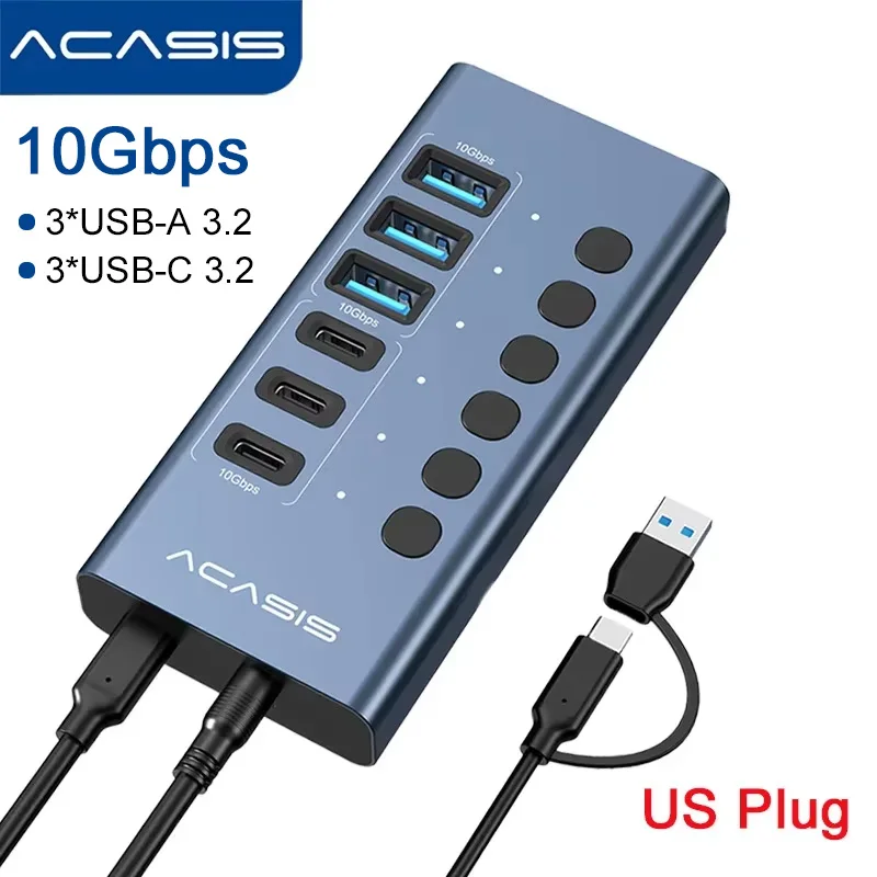 ACASIS USB 3.2 HUB met stroomvoorziening, 10 Gbps, 10/6 poorten, USB A/C-splitter met individuele schakelaars voor opladen en gegevensoverdracht, geschikt voor MacBook en laptops.
