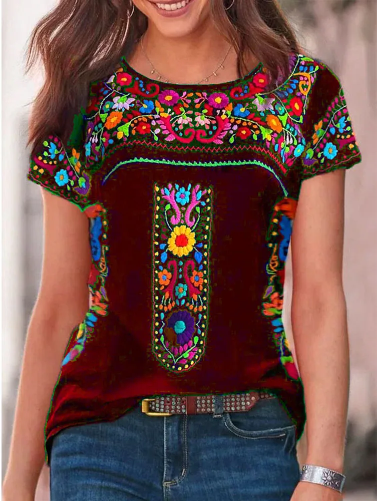 Camiseta de manga corta con estampado Floral bohemio para mujer, Tops de cuello redondo, blusa suelta informal de verano, ropa de talla grande