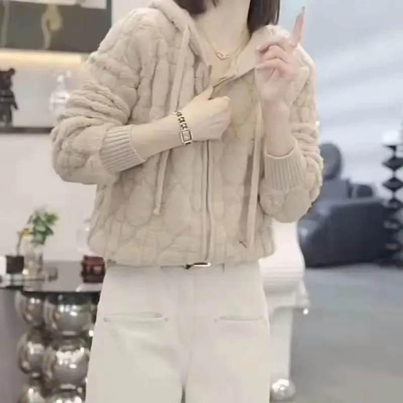 

Вязаная куртка с капюшоном на молнии, женская мода, темперамент, весна-осень-зима 202, новый толстый короткий свитер, кардиган, женский топ