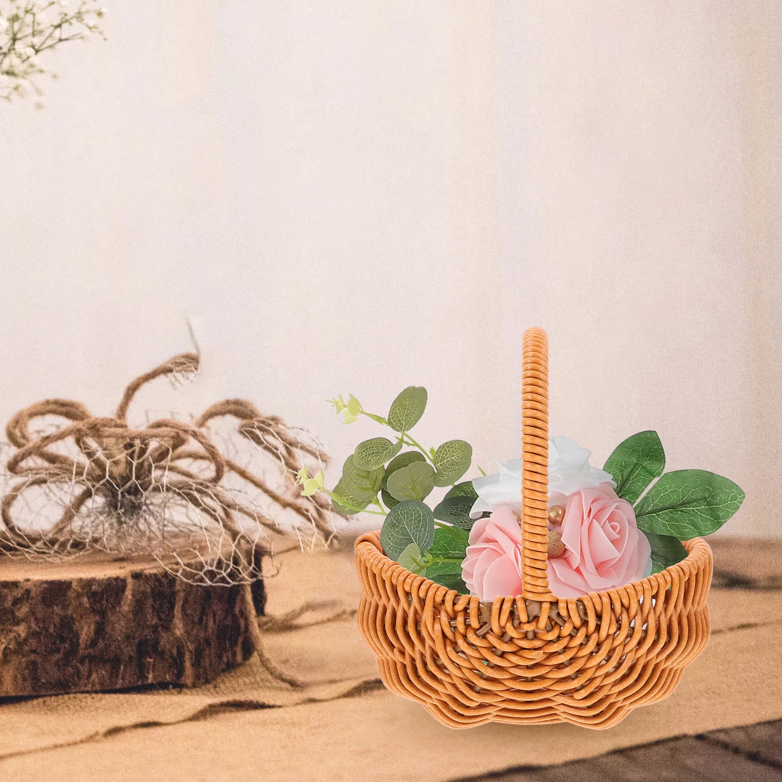 

Small Woven Flower Handmade Artificial Rattan Storage For Home Decor Desktop Organizer Portable Gift Basket Handheld