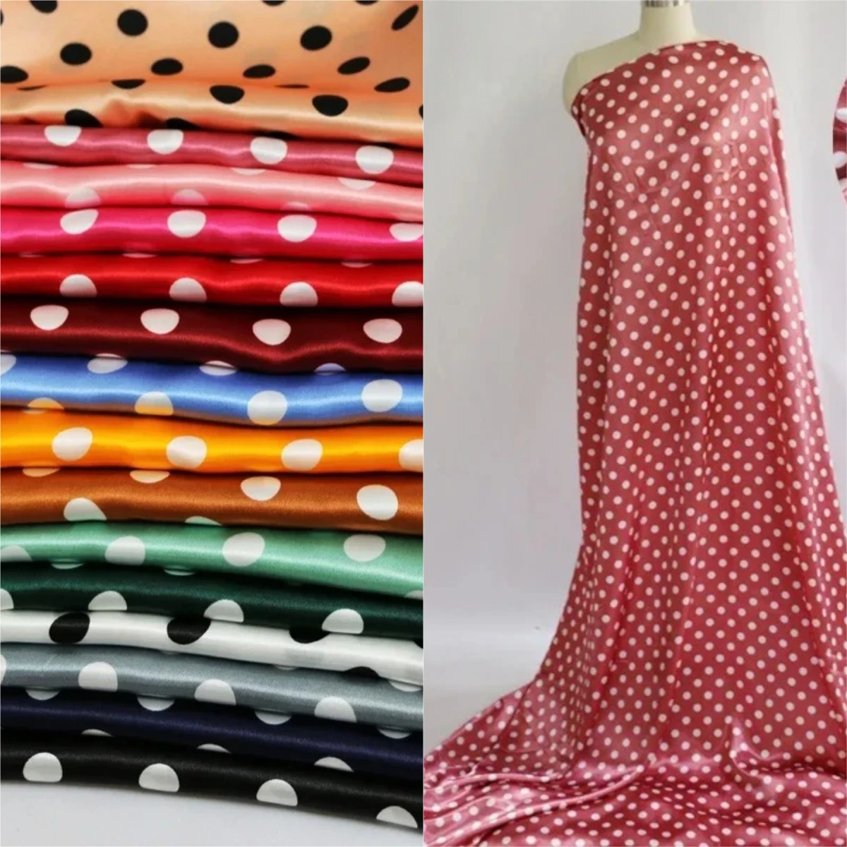 1.5cm polka dot printed satin fabric soft woven and sewn dress evening gown bow tie scarves handkerchief fabric