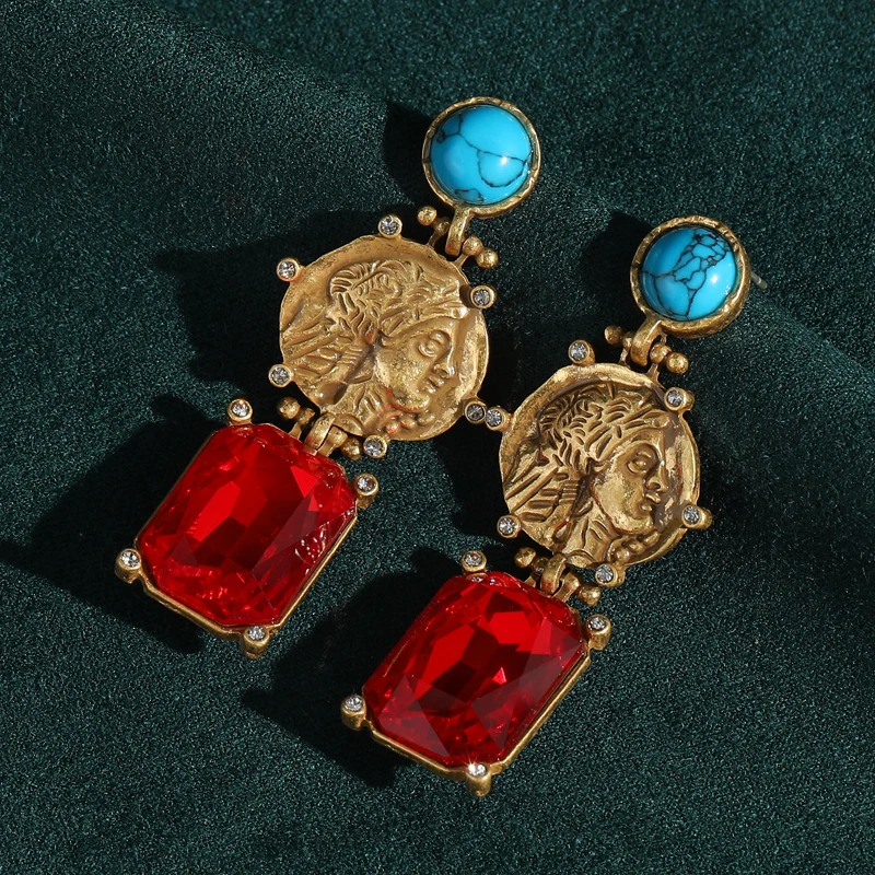 

Vintage Red Crystal Drop Dangle Earrings Sqauare Beauty Head Ancient Coin Woman Gold Color Luxury Designer Jewelry Accessories