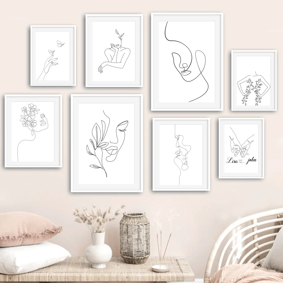 لوحة قماشية مجردة وجه المرأة ، ملصقات خط الأيدي ، فن جدار الحد الأدنى الشمال ، صور لغرفة المعيشة ، ديكور المنزل #2