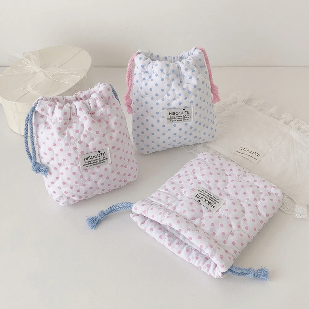 New Polka Dot Pattern Cosmetic Bag Quilted Multipurpose Makeup Pouch Soft Cotton Toiletry Storage Bag Women
