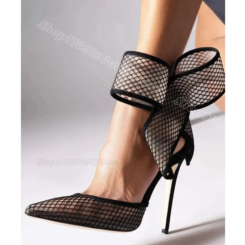 Black Net Bowknot Decor Pumps Pointed Toe Stiletto Heels British Style Party Dress Ankle Buckle Women Shoes Zapatos Para Mujere