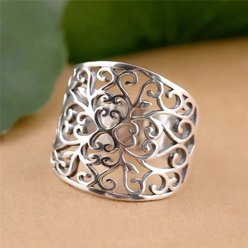 925 Sterling Silver Hollow Flower Design Women Rings Boho Fancy Female Finger Rings Wide Band Statement Jewelry