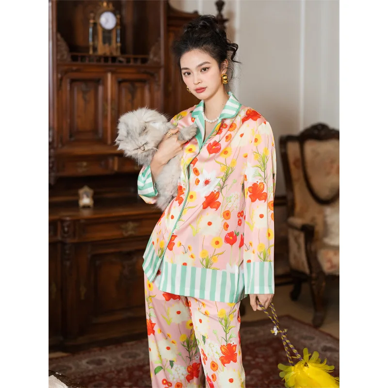 Satin Pajamas Women's Set Floral Printed Ice Silk Stripe Spliced Long Sleeve Pants Home Suit Set Sleepwear Pijama Can Be Outworn