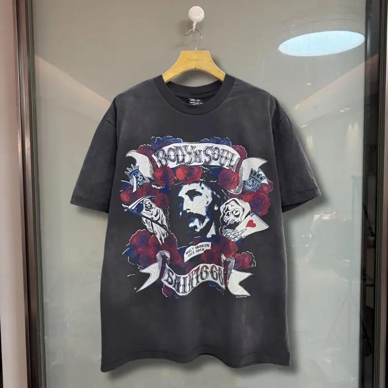 Cards Skull Retro Jesus Print Black Washed Saint Tshirts Cotton Round Neck Short Sleeve Casual Street Men Women Tops with Tags