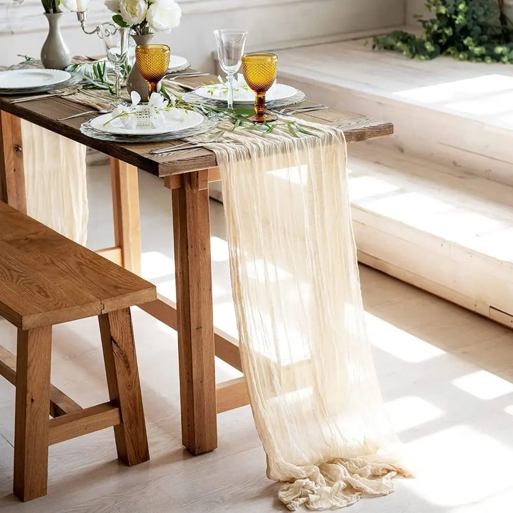 Long Vintage Table Runners 90x180/300cm Rustic Country Cheesecloth Table Setting Boho Semi-Transparent Wedding Decoration Party