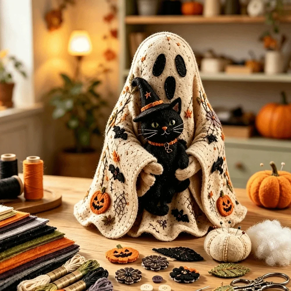 Halloween Ghost Doll DIY Sewing Kit Handcraft Ornament Making Supplies for Desktop Decoration Handmade Gift Holiday Party Decor