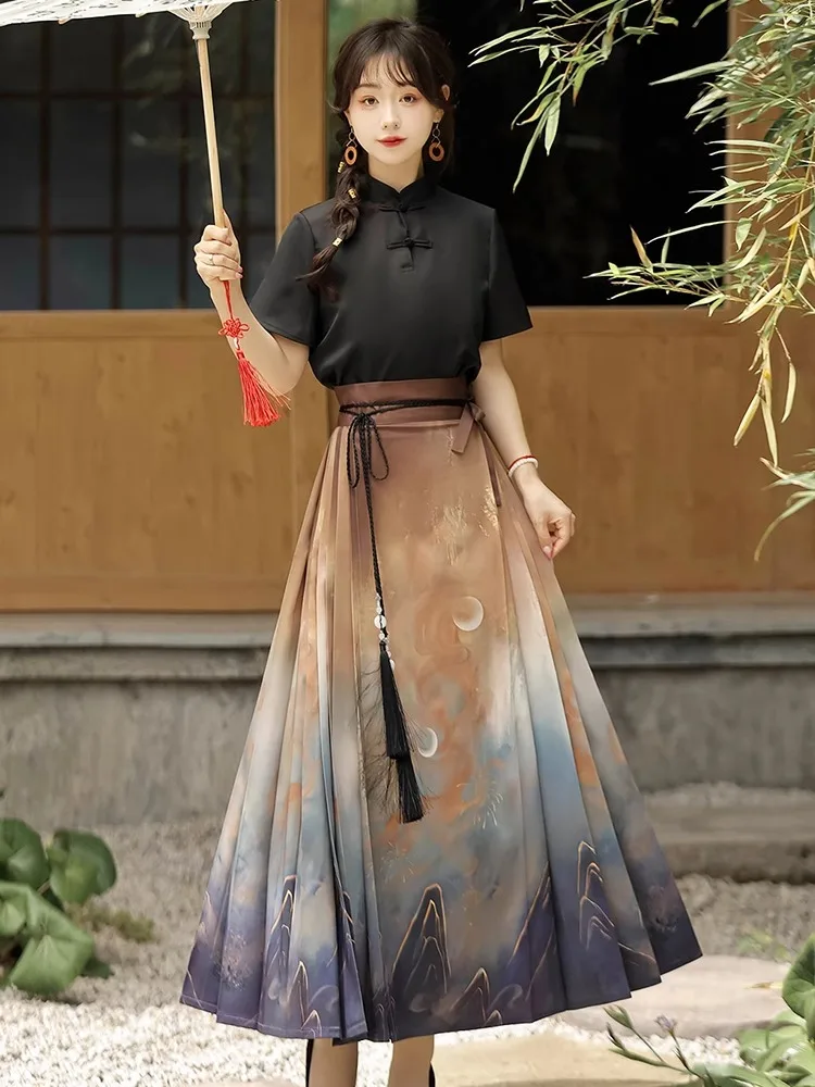 Ming system Hanfu female national style new Chinese summer short-sleeved shirt with horse skirt daily suit dress