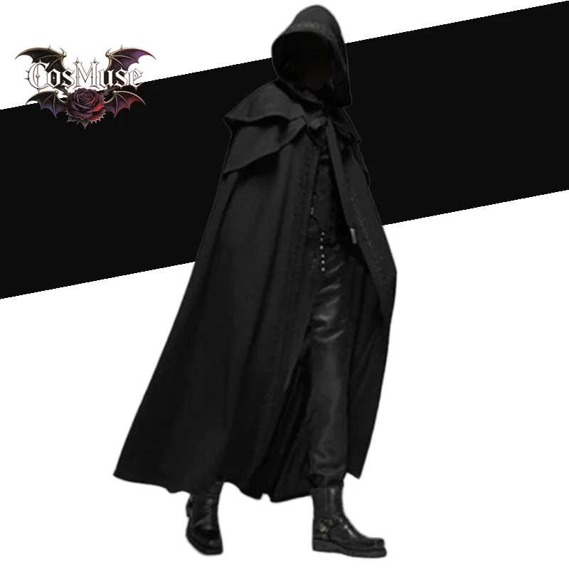 

Halloween Medieval Vintage Hooded Loose Black Cloak Coats Windproof Trench Chic Winter Long Cape Poncho Gothic Mens Monk Cosplay