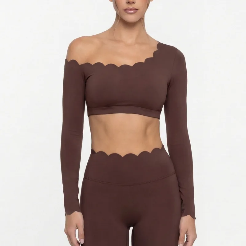 Trendy Halter Neck Long Sleeve Yoga Top/pants with Built-in Bra Off Shoulder Stretchy Workout Top Pants Gym Women's Underwear