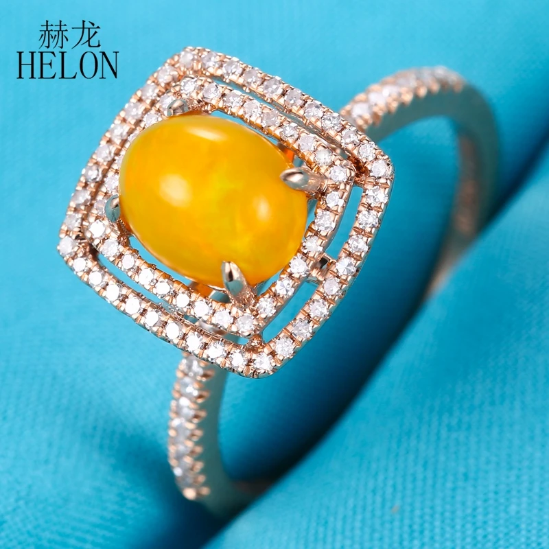 HELON Diamonds Women Ring Solid 14K Rose Gold Flawless Oval 6x7mm Opal Diamonds Trendy Fine Jewelry Engagement Wedding Ring