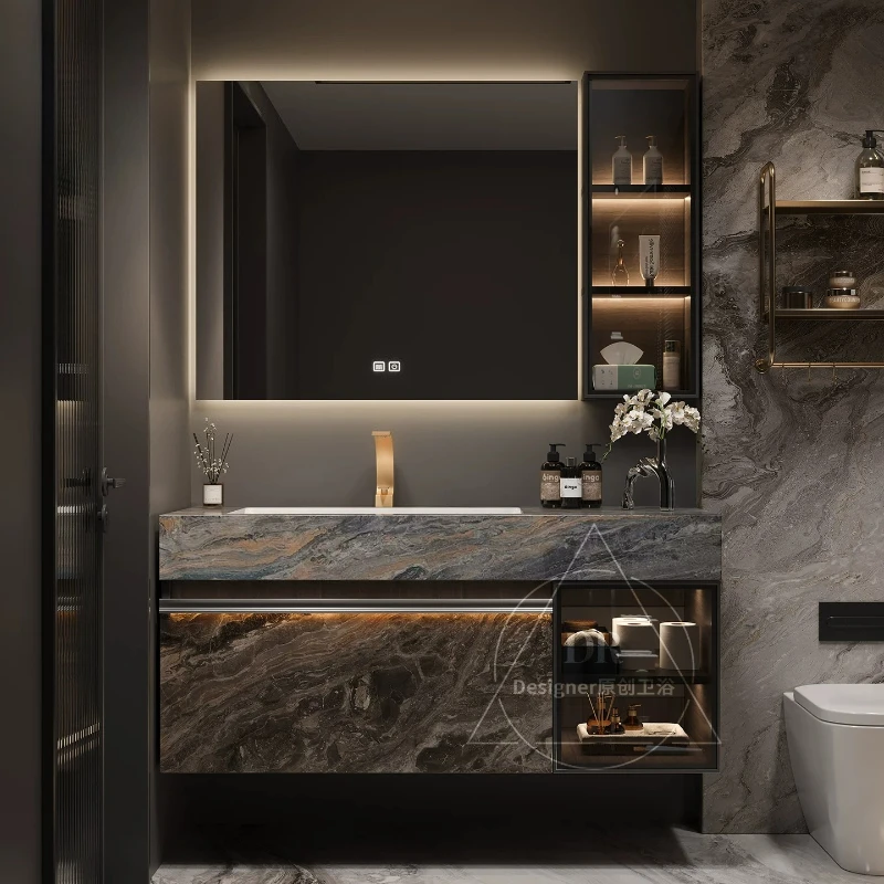 Luxury Hotel Style Bathroom Vanity with Custom Sintered Stone Integrated Sink High-End Cabinet Combo with LED Mirror furniture