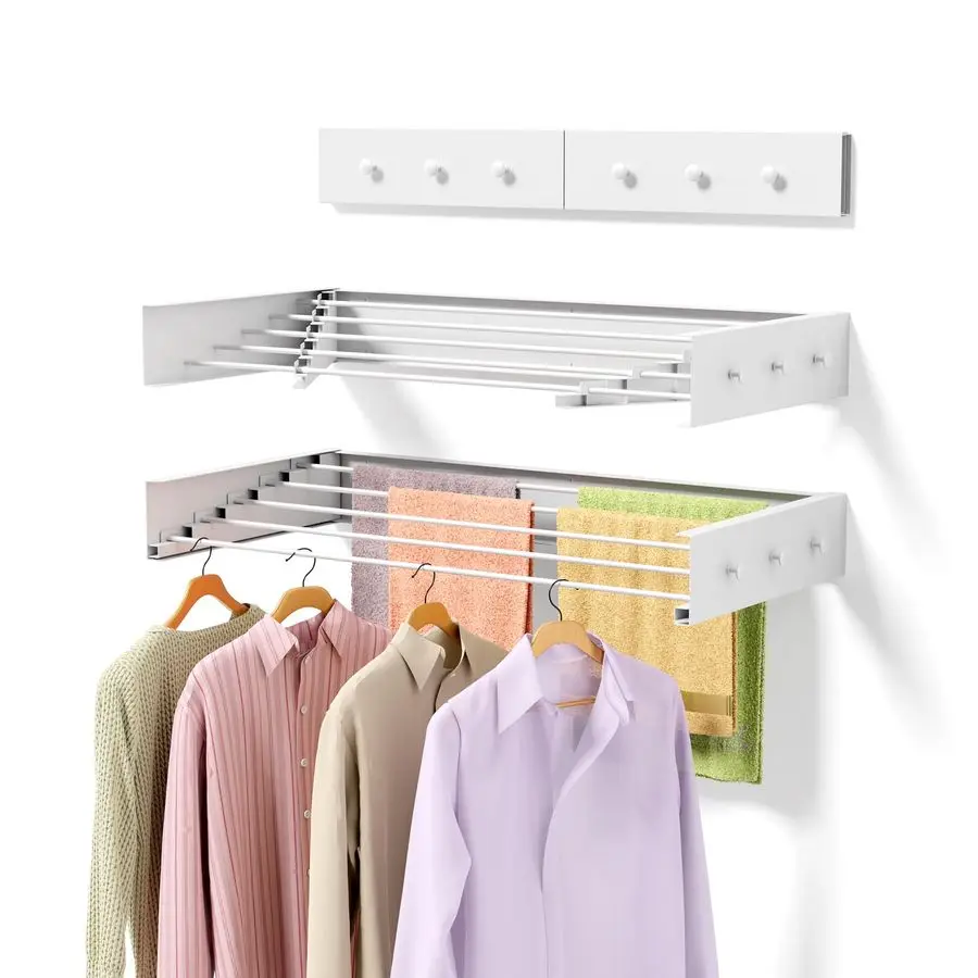 

Laundry Drying Rack, 31.5 Drying Rack Clothing Wall Mounted,Foldable, 5 Aluminum Rods with 6 Hooks, SpaceSaving White Collapsibl