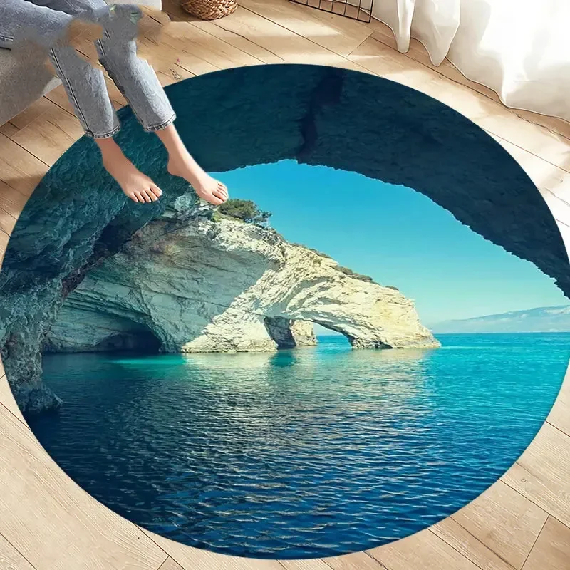 Seaside Rocky Scenery Round Carpet Ocean Landscape Pattern Circle Rug Bedroom Living Room Balcony Floor Mat Home Decor Doormat