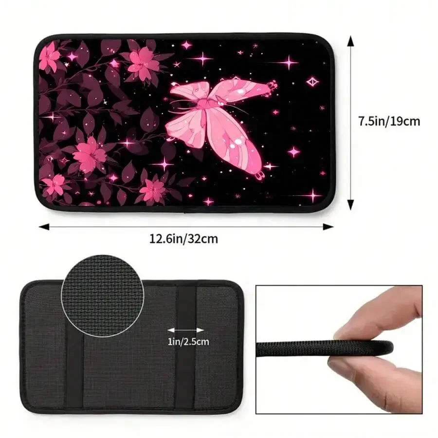 

Pink Butterfly Print Car Armrest Pad Center Console Cover Non-Slip Washable Protective Mat For Sedans SUVs