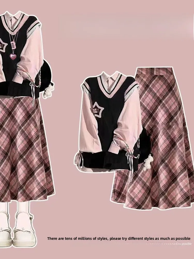 

Розовый клетчатый комплект в корейском студенческом стиле: модный костюм-двойка для ранней осени (юбка и рубашка) для женщин, маленький размер, отличный образ