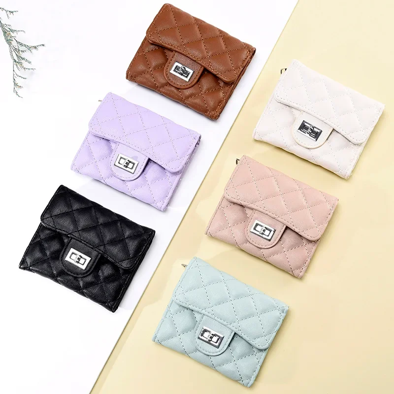 

Korean version of women's wallet Diamond lattice simple three fold girls multi-card anti-degaussing student coin wallet