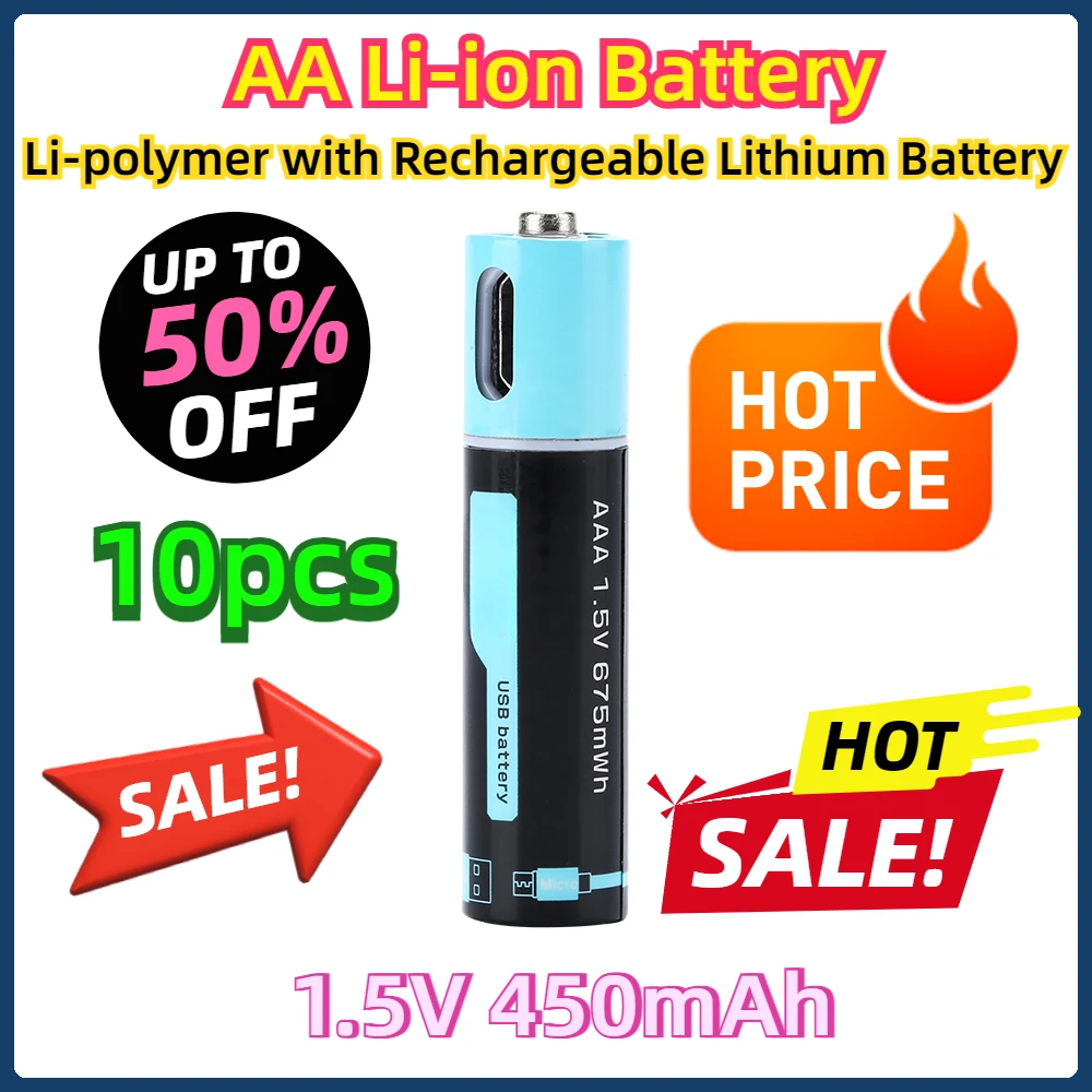 10pcs High Capacity 1.5V 450mAh AAA Li-ion Battery 675mwh Li-polymer with Rechargeable Lithium Battery