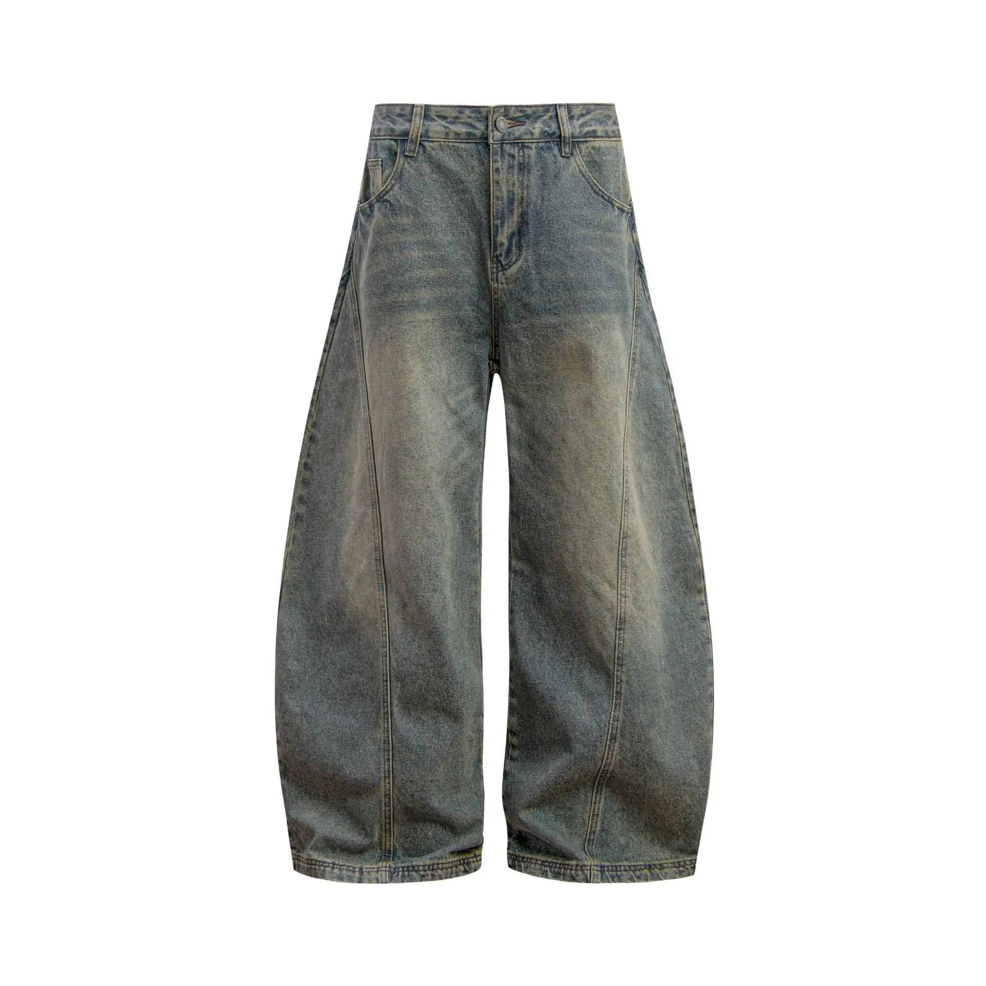 

Vintage Washed Distressed Scimitar Jeans Boys' Loose Wide-leg Design Long Pants