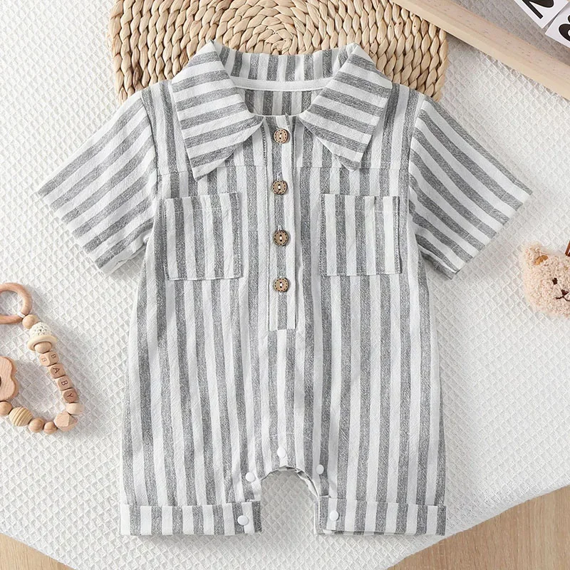 2025 New Summer Toddler Baby Boys Girls Jumpsuit Short Sleeved Cotton Stripe Newborn Baby Girls Romper 0-24M Children Clothes