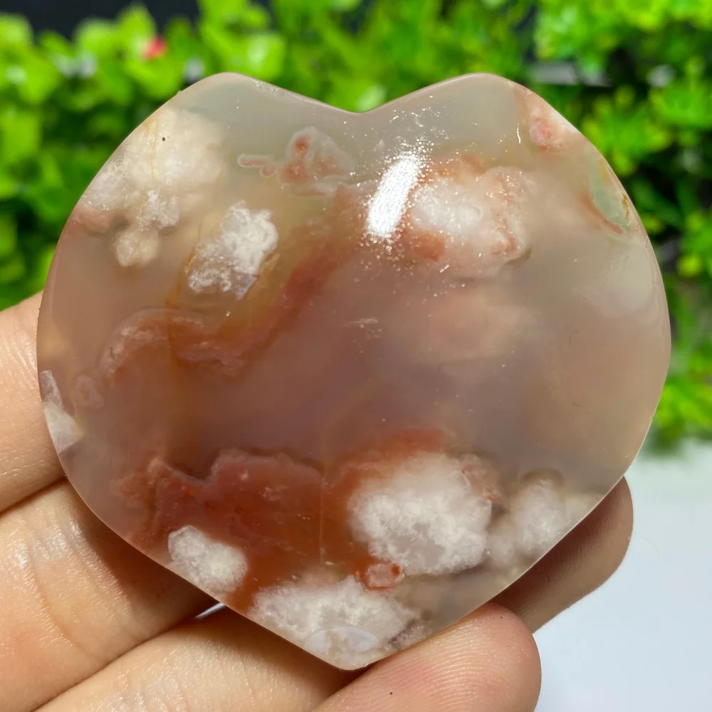 Cherry Blossoms Agate Heart Shaped Crystal Natural Quartz Raw Stone Palm Ornaments Reiki Healing Mineral Specimen for Decoration