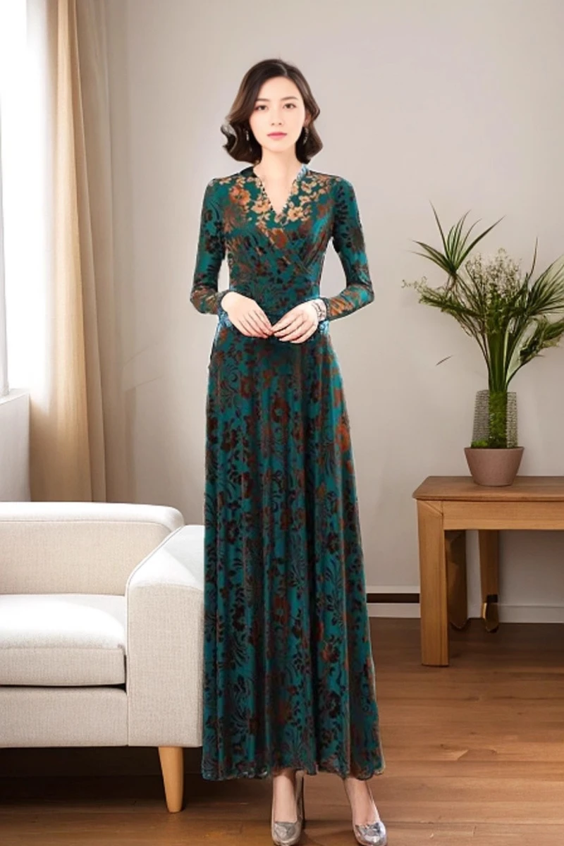 

Golden Velvet Women Floral V-neck Casual Long Dress Korean Version Fashionable Long Sleeved Slim Fit New Spring and Autumn Dress