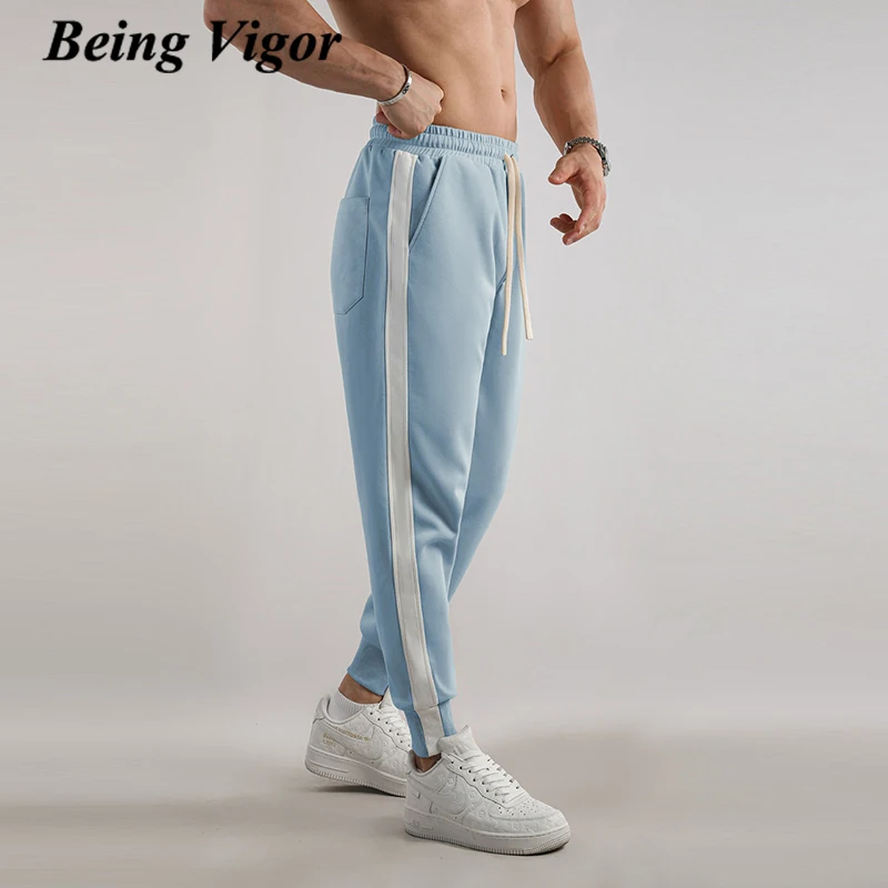 

Being Vigor Cotton Sweat Pants Soft Ankle Fitted Pencial Pants Elastic Waisted Mens Leisure Joggers With White Stripes pantalone