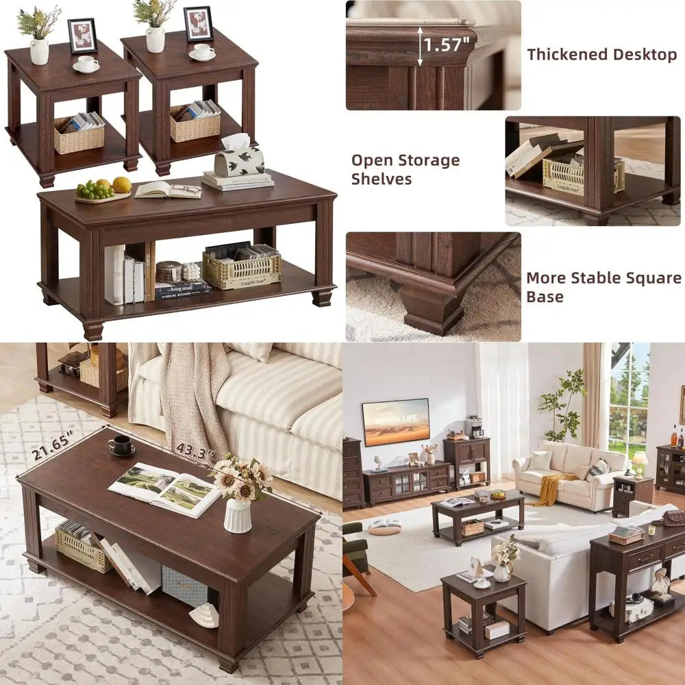 

Rustic 3-Piece Wooden Coffee Table Set with Open Shelf for Living Room, Large Coffee/End Side Tables in Walnut Finish