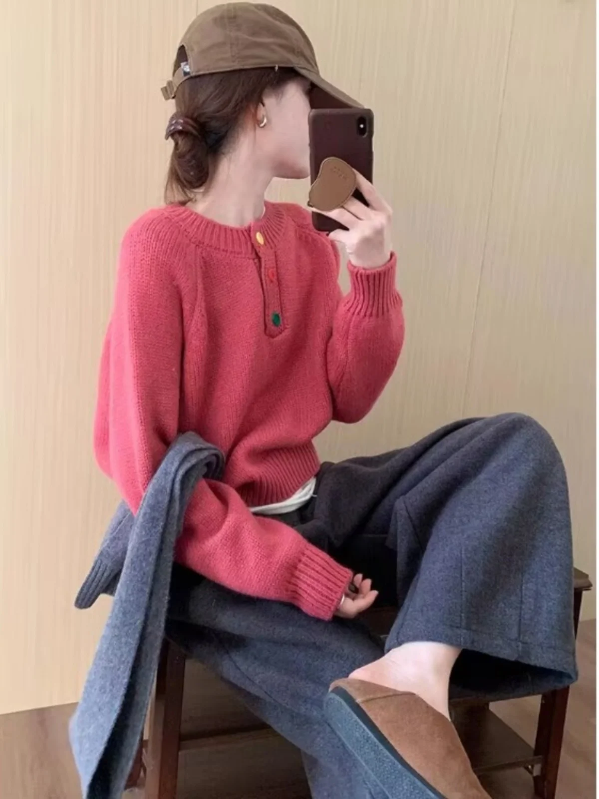 Korean Sle Soft Cozy round Ne Sweater Jaet Women's Spring Autumn New Gentle Sle Color Bule Knitted irt