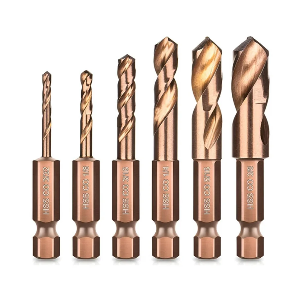 5-6本組高速度鋼六角軸ショートドリルビットセット-1-4インチクイックチェンジドリルビット-ショート丈hssドリルビット-木材・金属用