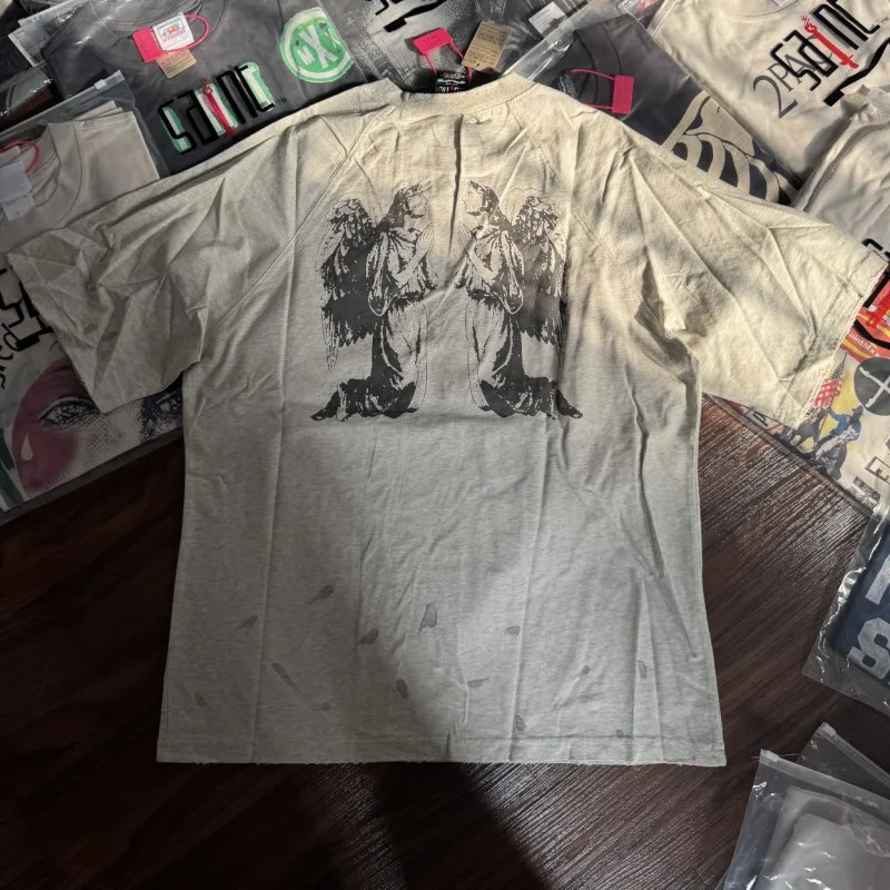Summer Washed Splash-ink Hole Grey Saint Tshirts Goat Portrait Pattern Prayer Angel Print Short Sleeve Tops Men Women Streetwear
