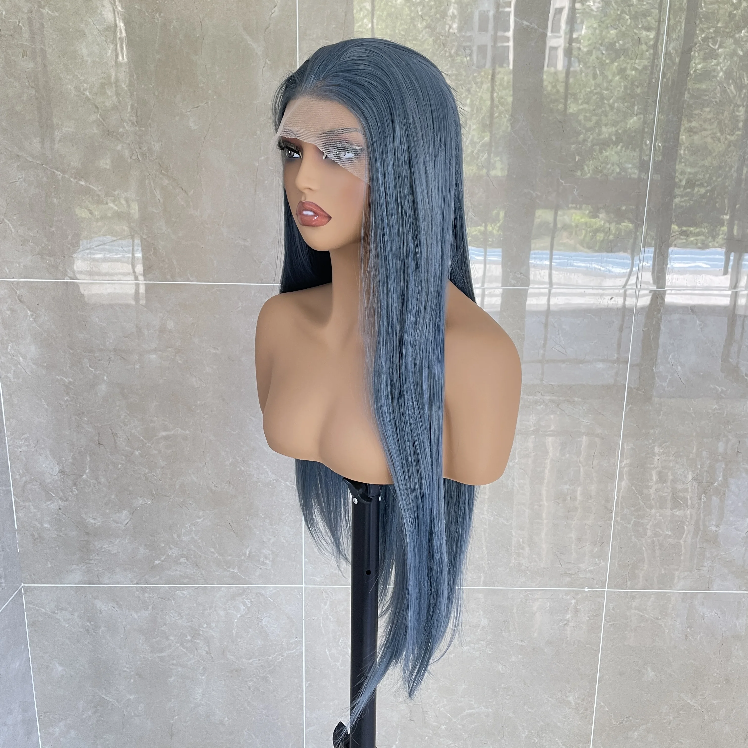 

Темно-зеленый лаймово-зеленый парик из синтетических волос 13x4, кружевной передний парик для женщин, 26 дюймов, длинная прямая свободная часть, плотность 150%, бесклеевая, полувязанная вручную