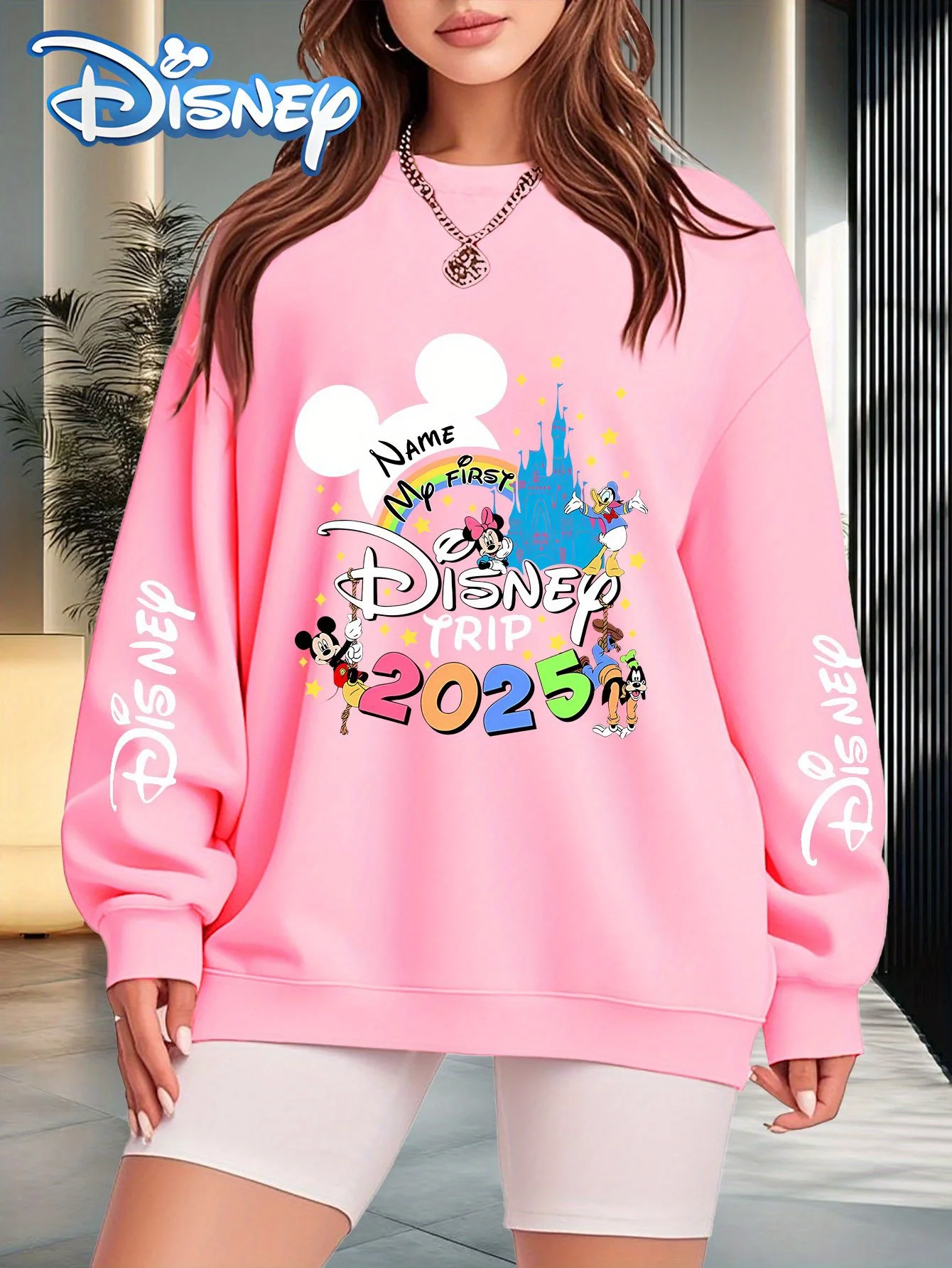 سويت شيرت ديزني ماي فيرست ديزني تريب 2025 التذكاري للسيدات مقاس كبير برسومات ميكي هيد مع طباعة شخصيات كلاسيكية #3