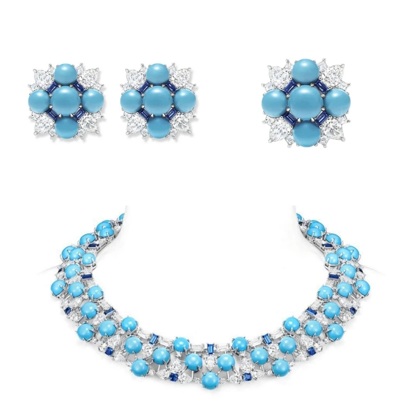 

Bellux 925 Silver Gold Plated Necklace Earrings High Carbon Diamond Synthetic Turquoise Personalized Light Luxury Jewelry Set