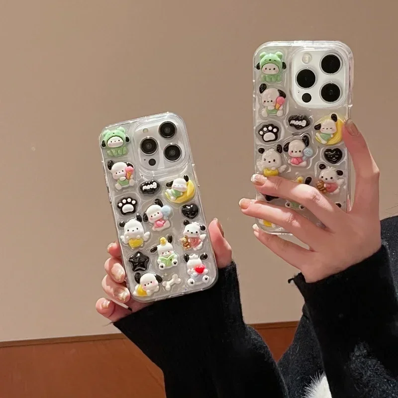 Sanrio Pochacco Stereoscopic Phone Case 3D Cute Cartoon Sweet For IPhone 15 Pro 14 13 12 11 Pro Max Transparent Hard TPU Cover