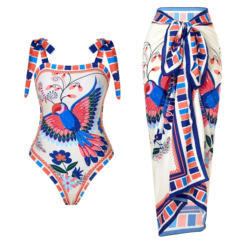 New Printed 2-piece One Piece Swimsuit Women Brazilian Biquini Women Swimwear Skirt Bathing Suit Summer Beachwear Monokini
